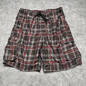 OP Mens Plaid‎ Cargo Shorts L/G 36-38" Elastic Waist Drawstring Swim Trunks